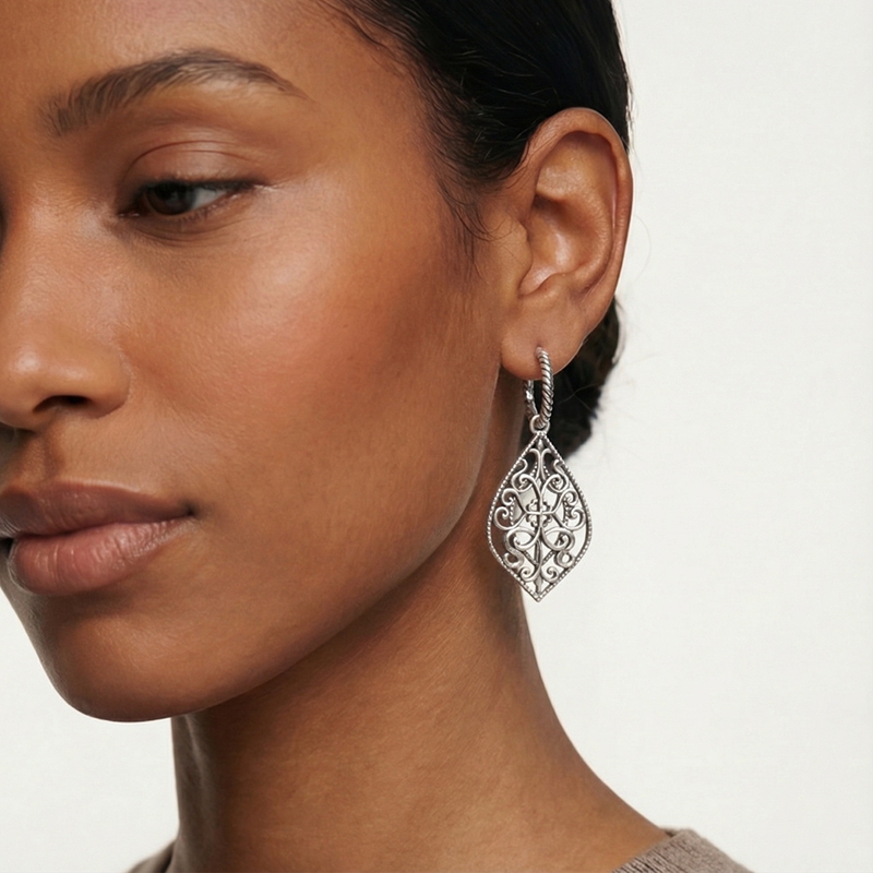 Women's 925 Silver Retro Hollow Floral Hoop Earrings, Elegant Design